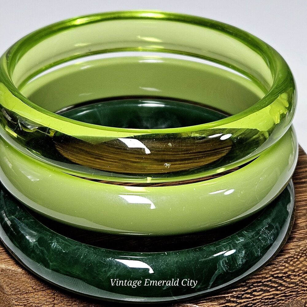 Emerald City Collection Bangles Set /3 Mixed Green Tones Bracelets Boho Acrylic